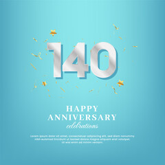 Wall Mural - 140th anniversary vector template with a white number and confetti spread on a gradient background