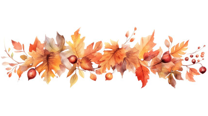 Wall Mural - autumn foliage garland in watercolor style, isolated on a transparent background for design layouts