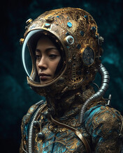 Close-up Of Woman In Space Suit, Cyberpunk AI Art. Wearing Ornate Diving Space Clothes, Subaquatic Cosmic Photography. Sci-fi Accessories. Girl With Grunge Futurist Golden Metal Suit.