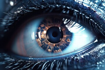 Close-up of a human eye reflecting a digital landscape, reflecting the symbiotic relationship between the mind and the virtual world. Generative AI