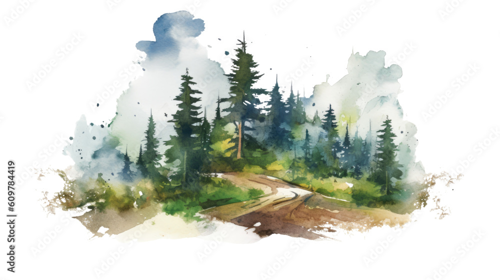 mountain landscape with pine trees in watercolor style, isolated on a ...