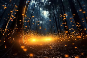 Glowing fireflies creating a mesmerizing light spectacle in an ethereal moonlit forest. Generative AI