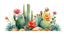 Desert Cacti In Watercolor Style, Isolated On A Transparent Background For Design Layouts