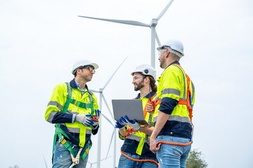 Wall Mural - Technician engineers inspection work in wind turbine power generator station,Wind turbine operations that transform wind energy into electrical electricity.