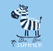 Zebra on skateboard funny cool summer t-shirt print design. Skater in skatepark. Slogan