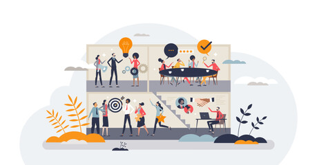 Wall Mural - Business operations and professional company work process tiny person concept, transparent background. Task management with effective and productive teamwork illustration.