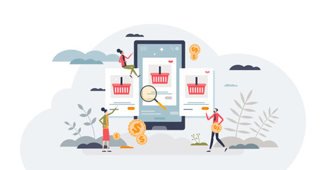 Wall Mural - E-commerce store for online shopping and purchases tiny person concept, transparent background. Distant internet shop with website or mobile application platform for customers illustration.
