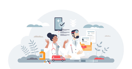 Care coordination and medical health therapy organization tiny person concept, transparent background. Medicine system with nurse and doctor teamwork.