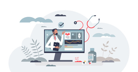 Wall Mural - Health information technology as medical online systems tiny person concept, transparent background. IT application for healthcare database with diagnosis, checkups.