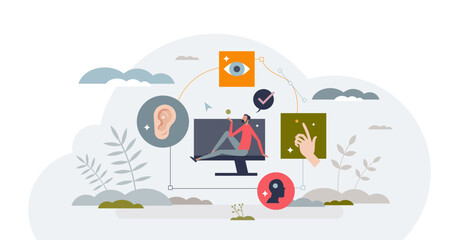 Web accessibility and assistance for disabled users tiny person concept, transparent background. Deaf or blind patient easy browser or website usage illustration. Online site development.