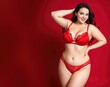 Plus size fashion model in red underwear. Fat sexy woman in lingerie on red background. Body positive concept. Generative AI