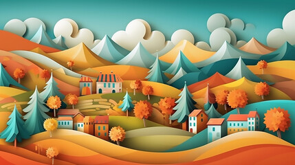 Canvas Print - Colorful mountain and village paper cut style background. 