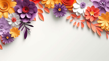 Wall Mural - Colorful paper cut flowers with copy space and white background. 