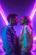 © Glittering Humanity - Beautiful stunning futuristic couple in love against purple blue background. Neon colors cyberpunk futurism. Generated AI.