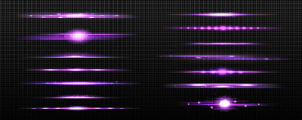 Wall Mural - line lights, glow beams effect. horizontal streaks of purple glare with bright sparkles. abstract la