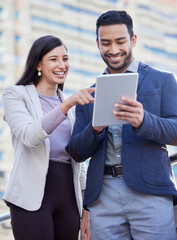 Poster - Business people, tablet and team outdoor in a city with internet connection for social media. A happy man and woman together on urban background with tech for networking, communication or online app