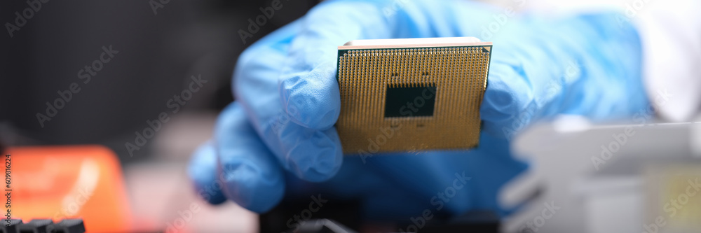Computer Chip Installation Technician puts processor on computer motherboard socket. Computer chip ...