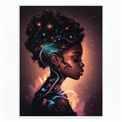 Wall Mural - A cute African American teenage goddess with beautiful afrocentric hairstyle made from celestial bodies fade into the universe. Generative AI AIG16.