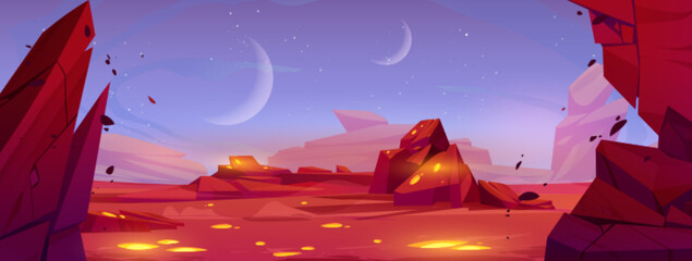 Wall Mural - alien space planet cartoon landscape background. mars desert game cartoon vector illustration with r