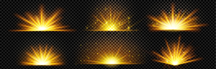 Wall Mural - realistic set of golden light shine isolated on transparent background. vector illustration of yello