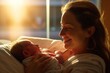 © Postproduction - Precious first moments: A serene mother cradling her newborn in a hospital bed, glowing with joy and tenderness. Generative AI
