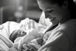 © Postproduction - Precious first moments: A serene mother cradling her newborn in a hospital bed, glowing with joy and tenderness. Generative AI