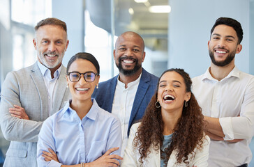 Wall Mural - happy, portrait and business people with arms crossed in office for leadership, teamwork and solidar