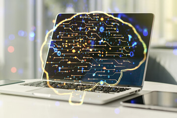 Wall Mural - double exposure of creative human brain microcircuit with computer on background. future technology 