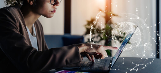 Poster - Black woman working in office and communication network concept. ICT (Information Communication Technology). Cloud computing. System engineering.