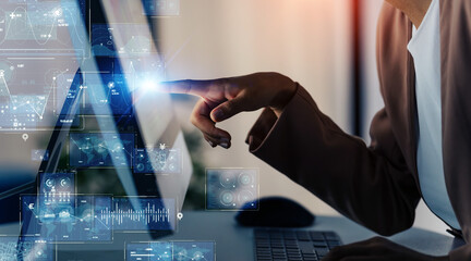 Aufkleber - Black woman working in office and digital technology concept. ICT (Information Communication Technology). System engineering. GUI (Graphical User Interface).