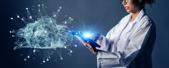 Aufkleber - Mixed media of black woman wearing lab coat and cloud computing concept. Medical technology. Science technology.