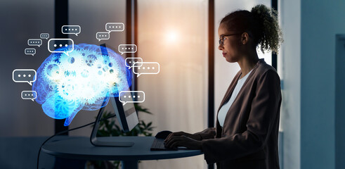Aufkleber - Black woman working in office and conversation AI concept. Deep learning. IoT (Internet of Things). ICT (Information Communication Technology).