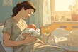 © Postproduction - Illustrate the gentle care and nourishment provided by a mother breastfeeding her newborn, surrounded by the comforting atmosphere of a hospital room. Generative AI