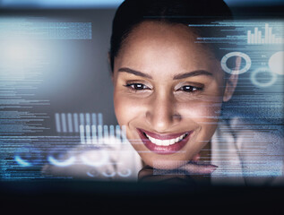 Aufkleber - Night, code and hologram with woman and computer for research, software and programmer. Digital, analytics and future with cyber security and employee for network, coding and information technology