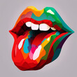 Pop art colorful red lips. Sexy woman's Half-open mouth, licking, tongue sticking out low poly, pop art style Generative AI