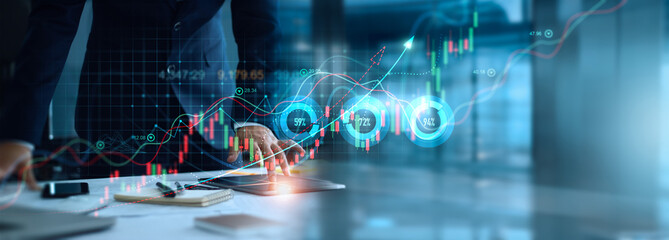 Poster - Businessman analyzing stock market trend and economic graph indicators to achieve sustainable growth in financial investment. Successful business performs effective decision making strategy.