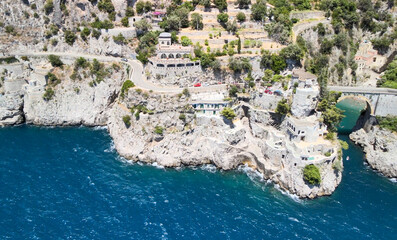 Wall Mural - Amazing aerial view of beautiful Amalfi Coast in summer season, Italy. Drone viewpoint