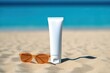 Sunscreen on sandy beach with sunglasses. Generative AI