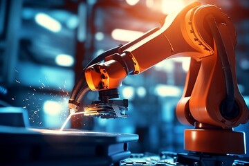 Fototapete - Robotic arm for electronic assembly line. Smart modern factory automation using advanced machines. Generative AI