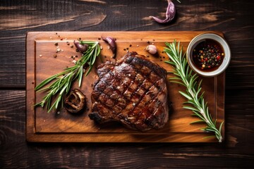 Grilled meat barbecue steak on wooden cutting board with rosemary and copy space. Top view.