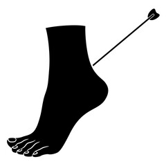 Achilles heel. Bare human foot pierced with an arrow. Metaphor for week spot. Ancient Greek mythology. Black and white silhouette. 