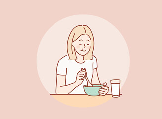  woman eating soup in kitchen. Hand drawn style vector design illustrations.