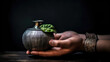hands holding calabash with traditional mate tea dark background, copy space, ,created with AI technology