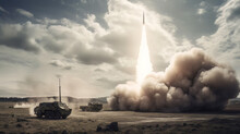 Panoramic View Of A Generic Military Battalion Defense System Shooting Missiles During A Special Operation, Wide Poster Design With Copy Space Area