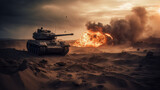 Fototapeta  - armored tank crosses a mine field during war invasion epic scene of fire and some in the desert, wide poster design with copy space area 