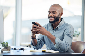 black man in office, check social media on smartphone and smile at meme, lunch break and communicati