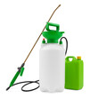 Gallon portable garden pump pressure sprayer and green little jerry can, plastic jug with lid. Gardening work equipment and household cleaning. Isolated on white background
