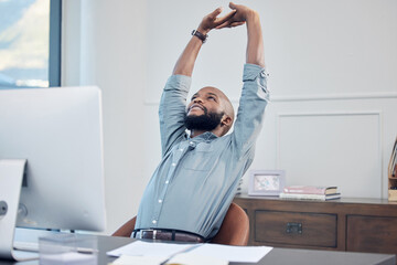 Relax, business and black man stretching, employee and professional with computer, success and growth. Male person, consultant and agent in an office, stretch and hands behind head with finished task