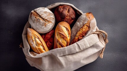 Tote bag full of freshly baked bread on dark background. Grocery with healthy food Generative AI