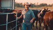portrait of farmer pulling cows into a pen on a cattle ranch, Generative AI